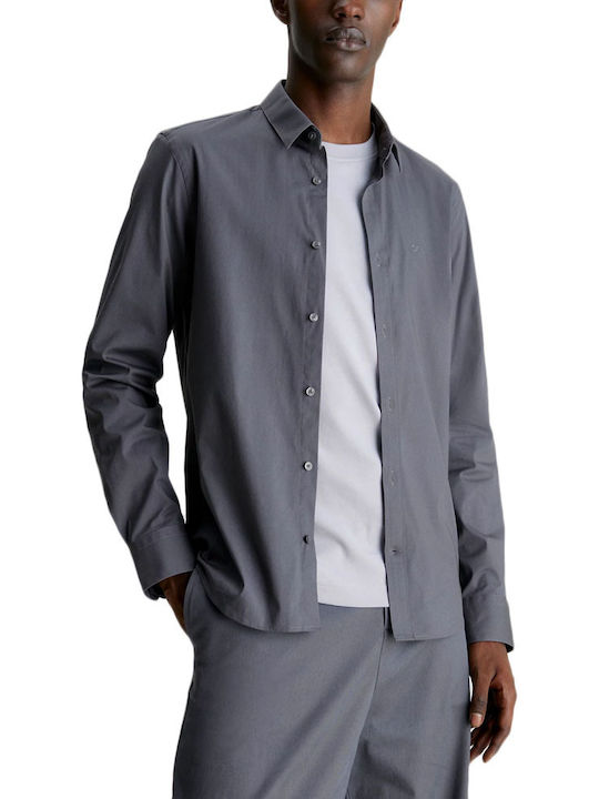 Calvin Klein Poplin Men's Shirt Long-sleeved Cotton ΓΚΡΙ