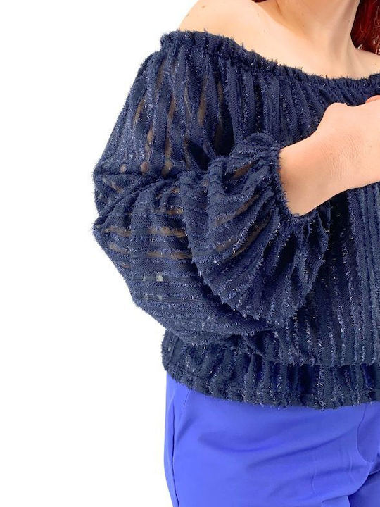 Plus Size Γυναικεία Μπλούζα Off-Shoulder Μακρυμάνικη Μπλε