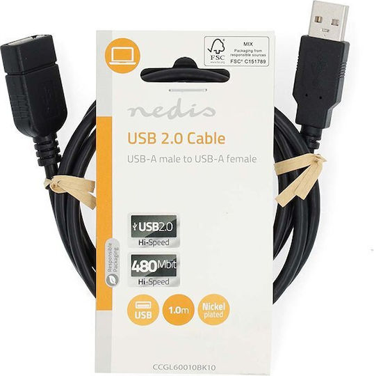 Nedis USB 2.0 Kabel USB-A-Stecker - USB-A-Buchse Schwarz 1m CCGL60010BK10