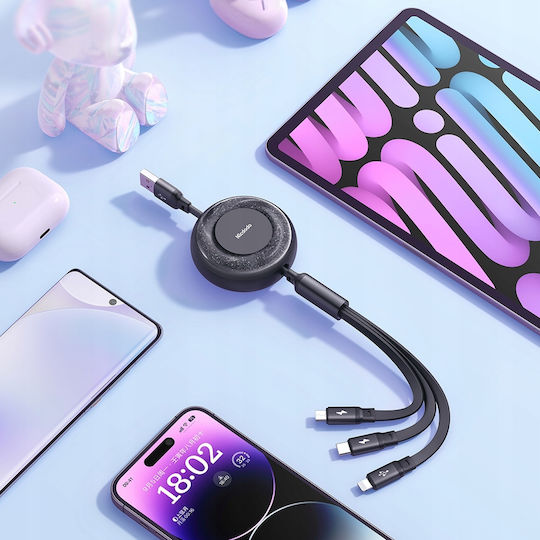 Mcdodo Flat / Retractable USB to Lightning / Type-C / micro USB Cable Μαύρο (CA-3730)