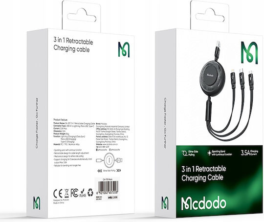 Mcdodo Flat / Retractable USB to Lightning / Type-C / micro USB Cable Μαύρο (CA-3730)