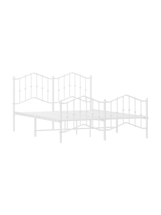 Bed Double Metal White with Slats for Mattress 135x190cm