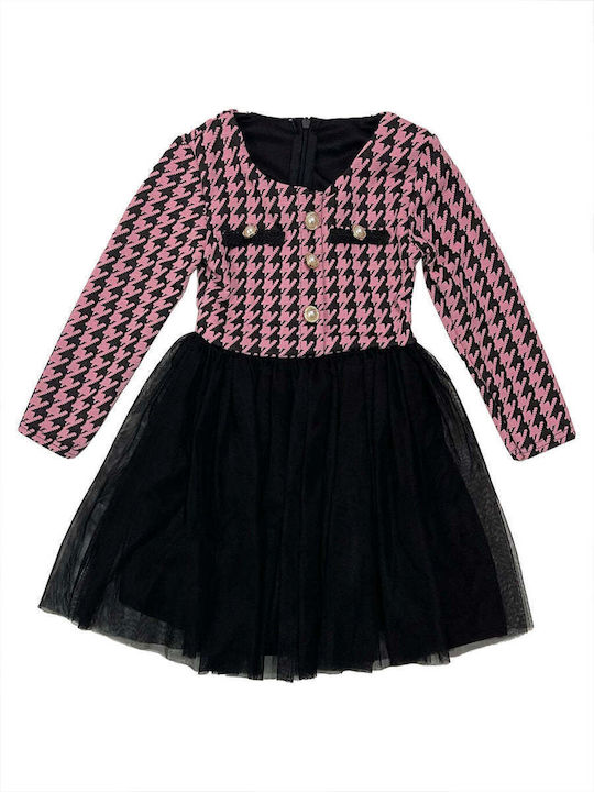 Ustyle Kids Dress Tulle Checked Long Sleeve Pink