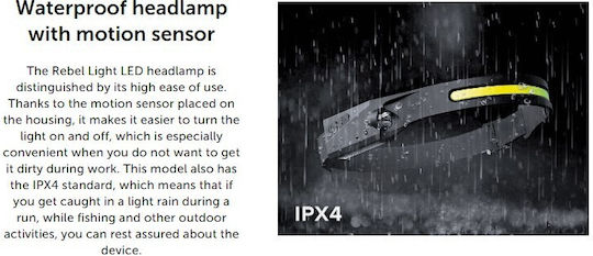 Rebel Επαναφορτιζόμενος Φακός Κεφαλής LED IPX4 με Μέγιστη Φωτεινότητα 350lm