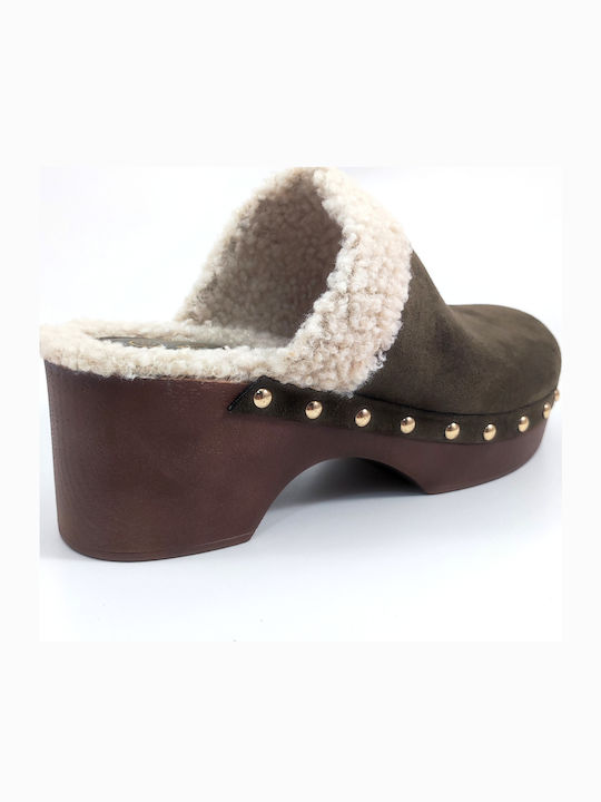Chunky Heel Mules Khaki