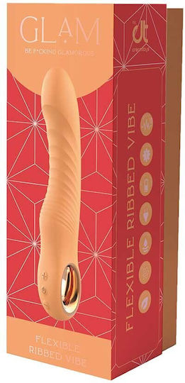 DreamΤoys Glam Flexible Ribbed Vibe, Flexible Liquid Silicone Ribbed Vibrator, 5 Intensities & 5 Rhythms, Orange
