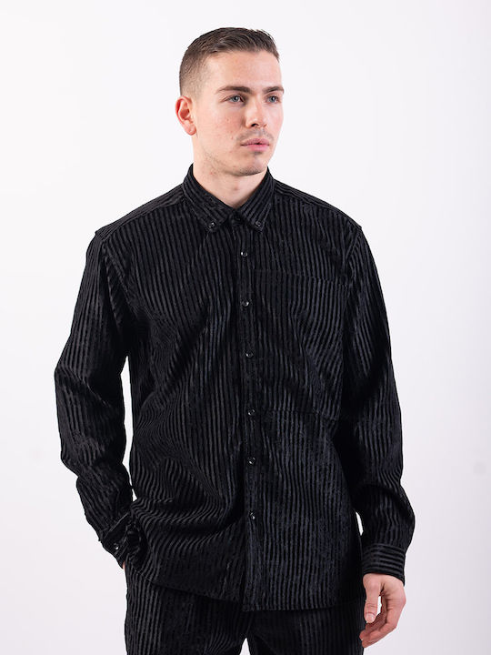 Over-D Men's Shirt Overshirt Long Sleeve Striped Black