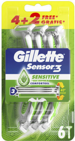 Gillette Sensor 3 Sensitive Disposable Razors Single Use with 3 Blades & Lubricious Strip for Sensitive Skin 6pcs