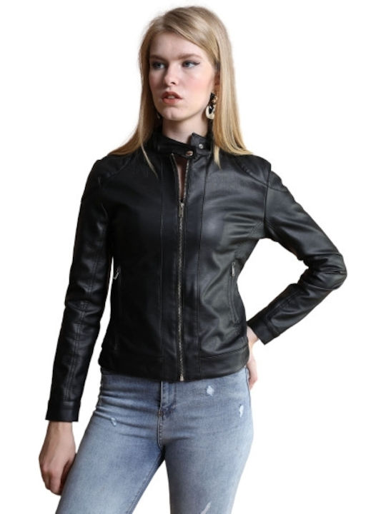 Eco-leather Women's Short Puffer Jacket for Winter BLACK