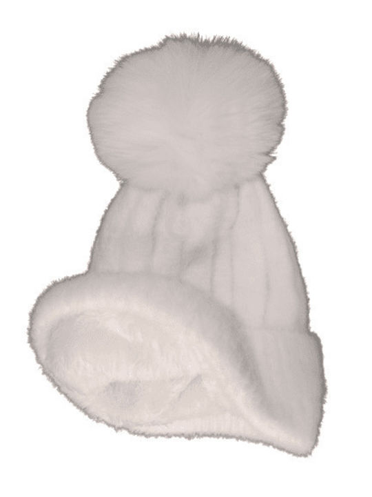 Romvous Pom Pom Beanie Unisex Beanie Knitted in White color