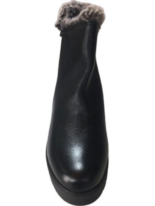 Leather Women's Ankle Boots with Medium Heel & Fur Black