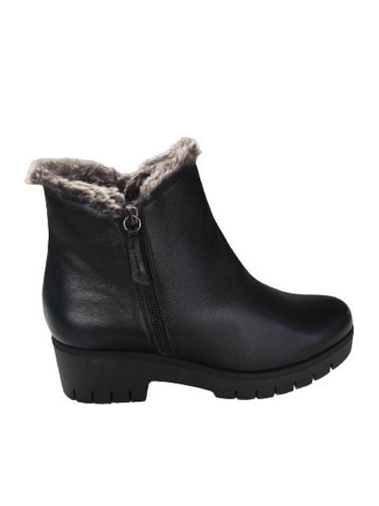 Leather Women's Ankle Boots with Medium Heel & Fur Black