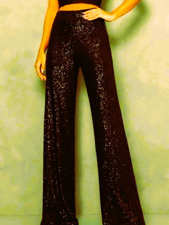 Women's High-waisted Fabric Trousers with Elastic Brown with Sequins