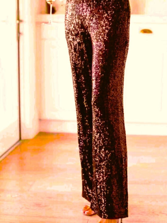 Women's High-waisted Fabric Trousers with Elastic Brown with Sequins