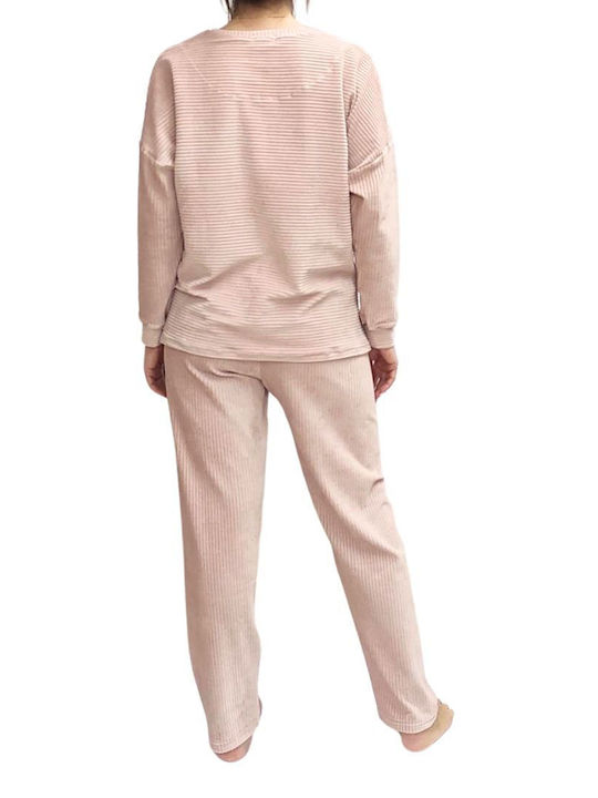 Pink Label Winter Damen Pyjama-Set Samt Rosa