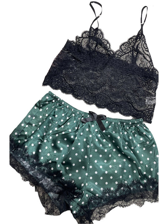 ZOE Pajama set with lace bralette with triangle & polka dot satin shorts with lace trim