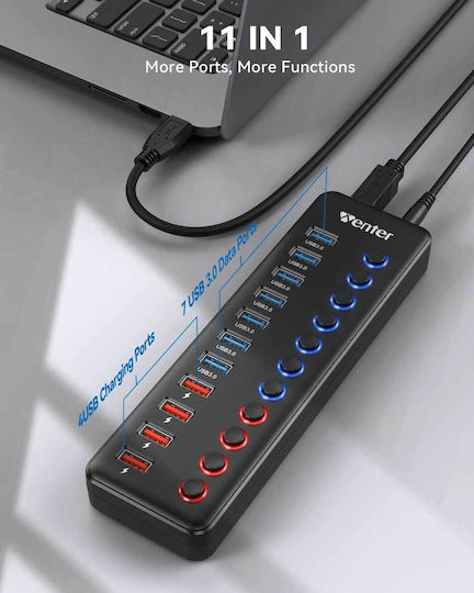 USB 3.0 11 Port Hub with USB-A Connection and External Power Supply