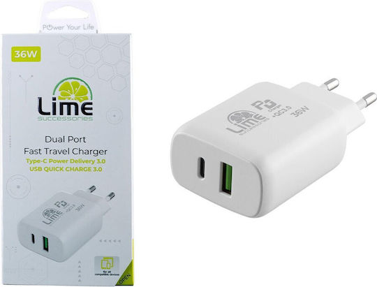 Lime Φορτιστής Χωρίς Καλώδιο με Θύρα USB-A και Θύρα USB-C 36W Power Delivery / Quick Charge 3.0 Λευκός (LTC36W)