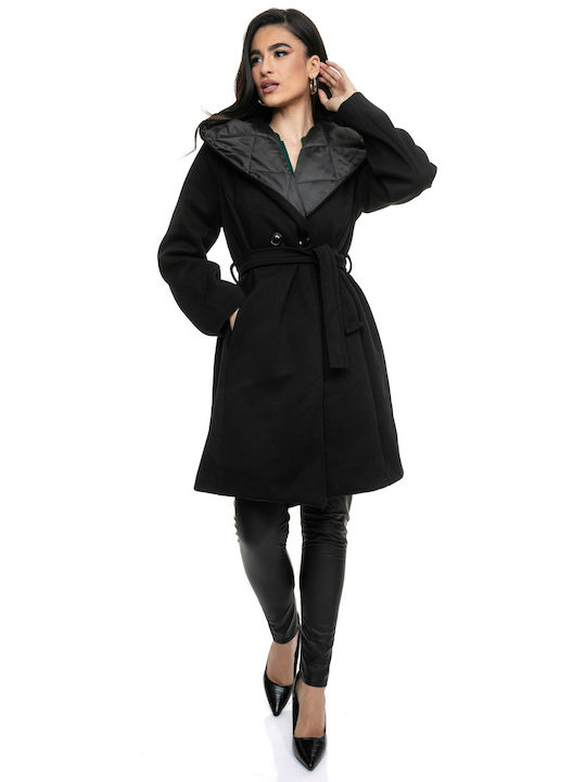 RichgirlBoudoir Women's Short Half Coat with Buttons and Hood Black