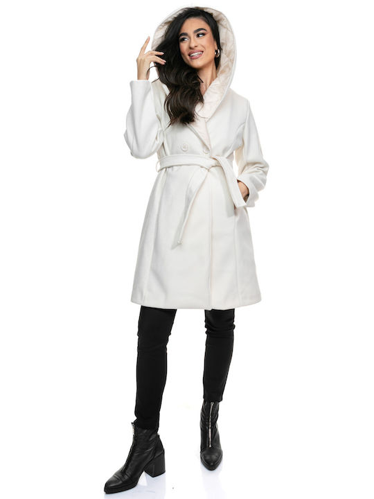 RichgirlBoudoir Women's Short Half Coat with Buttons and Hood White