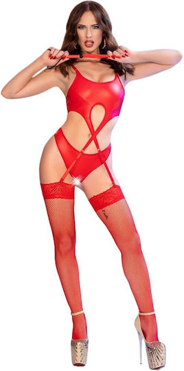 Chilirose Set Sexy De Lenjerie Plasă Cu Jartiere Roșu 4 Bucăți