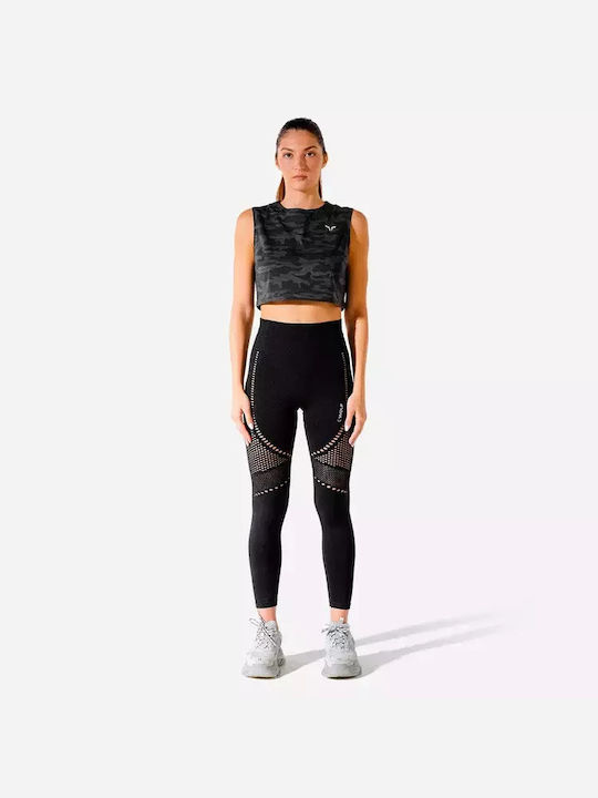 Squatwolf Damen Sportliches Crop Top Ärmellos mit Transparenz Schwarz