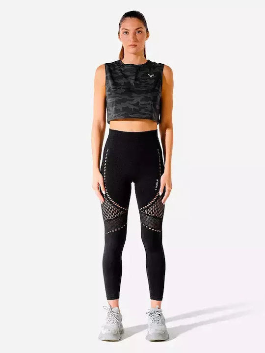 Γυναικείο Αθλητικό Crop Top Αμάνικο με Διαφάνεια Μαύρο