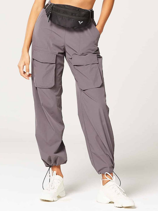 Damen Hoch tailliert Stoff Cargo Hose mit Gummizug in Lockere Passform Charcoal