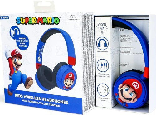 OTL Cuffie Kids Super Mario Wireless / Wired On Ear Headphones with 24 hours of Operation Red/Blue