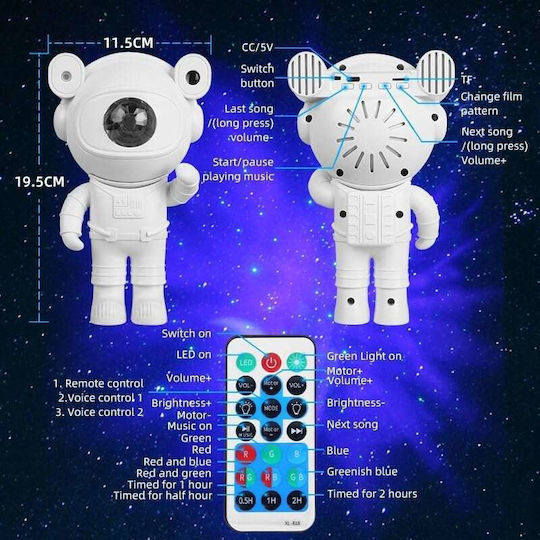 Led Περιστρεφόμενο Παιδικό Φωτιστικό Projector Αστροναύτης με Εναλλαγές Χρωματισμών Λευκό