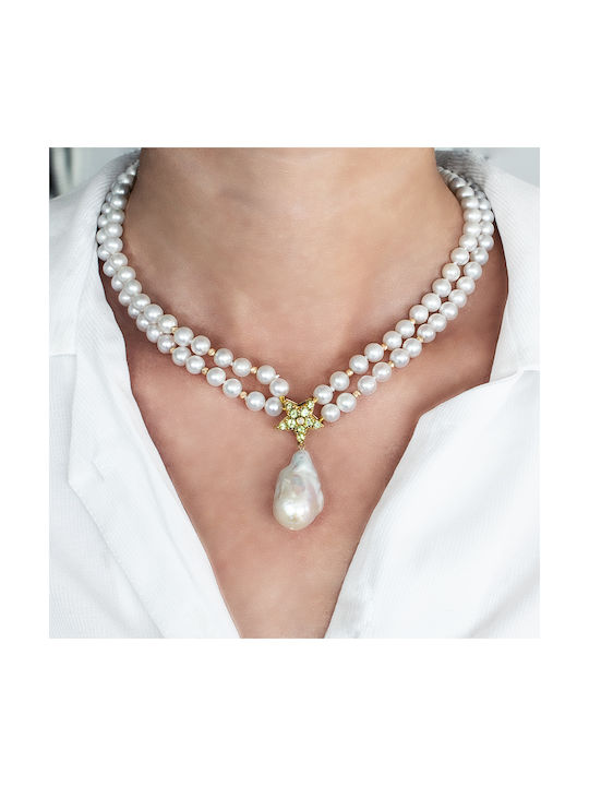 Margaritari Necklace Double from Gold 18k with Pearls