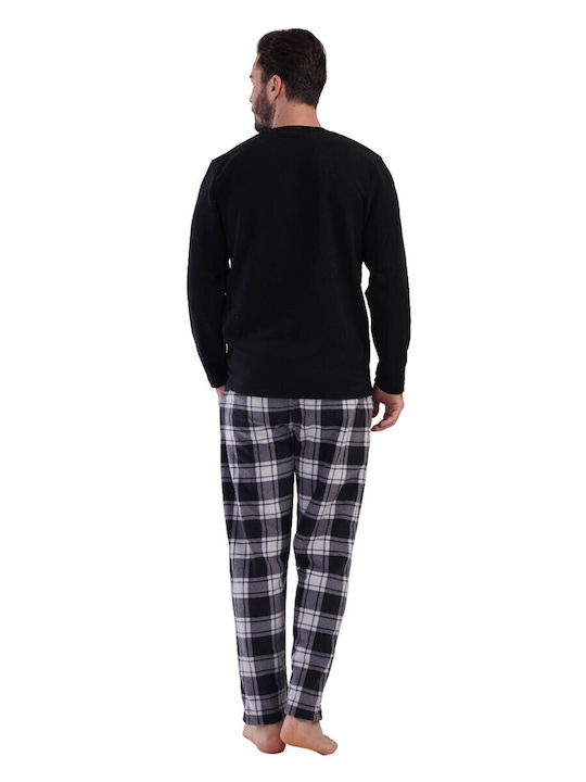 Vienetta Secret Χειμερινή Καρό Ανδρική Μπλούζα Πιτζάμας Fleece Μαύρο