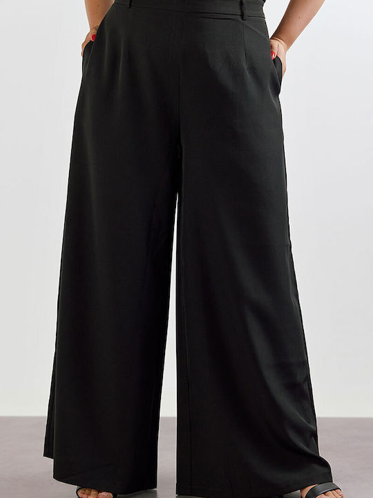 Women's Fabric Trousers in Wide Line Black