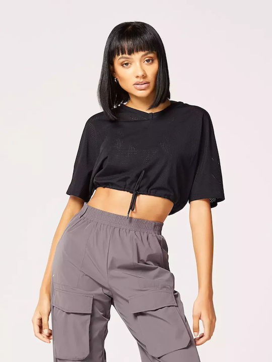 Γυναικείο Αθλητικό Crop Top Κοντομάνικο Μαύρο.