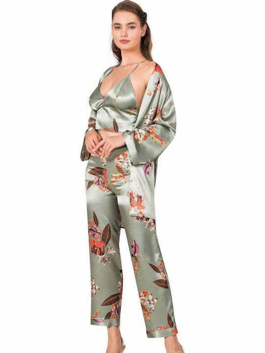 Moongirl Winter Damen Satin,σατεν Robe mit Pyjama Olive