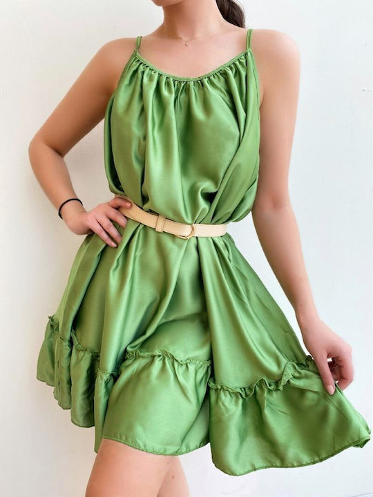 DOT Mini Rochie Satin cu Volane Verde