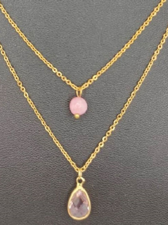 Kostibas Fashion Κολιέ Διπλό από Ροζ Επιχρυσωμένο Ατσάλι Kostibas Fashion Κολιέ Διπλό από Ροζ Επιχρυσωμένο Ατσάλι
