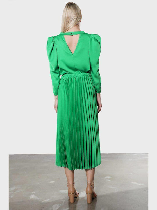 Tensione In Pleated High Waist Midi Skirt in Green color