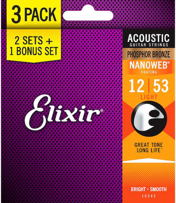 Elixir Set of Phosphor Bronze Strings for Acoustic Guitar Nanoweb