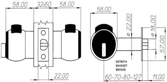 Meroni Serrature Knob Lock Silver with Button & Key Hotel Use