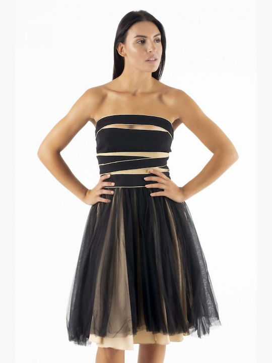 Efi Mini Evening Dress Strapless with Tulle Black