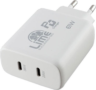 Lime Ladegerät mit 2 USB-C Anschlüsse und Kabel USB-C 61W Stromlieferung Grüns (LTC61W)