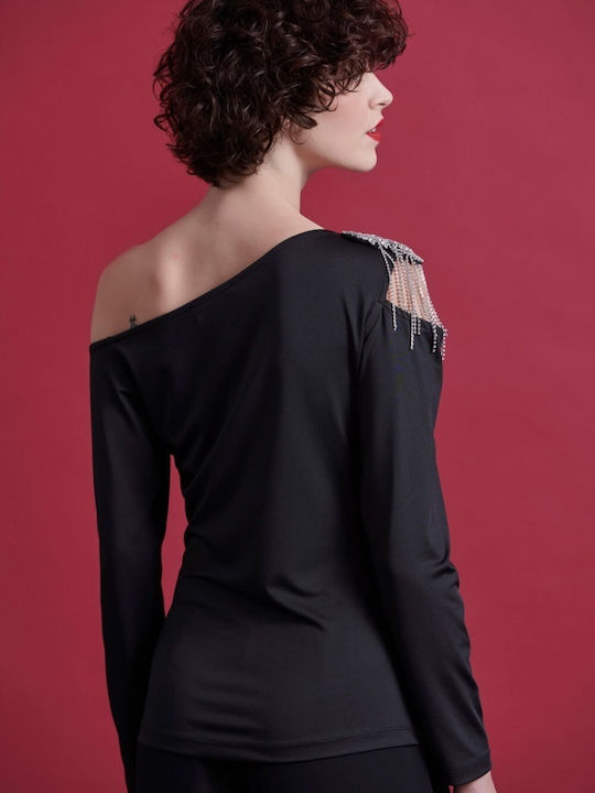 Women's Blouse Satin Off-Shoulder Long Sleeve Black