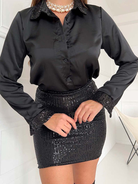 FN Fashion Langärmelig Damen Satin Hemd Black.