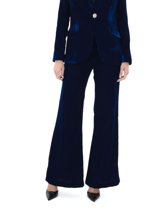 Twenty 29 Women's High-waisted Velvet Trousers Flare Blue