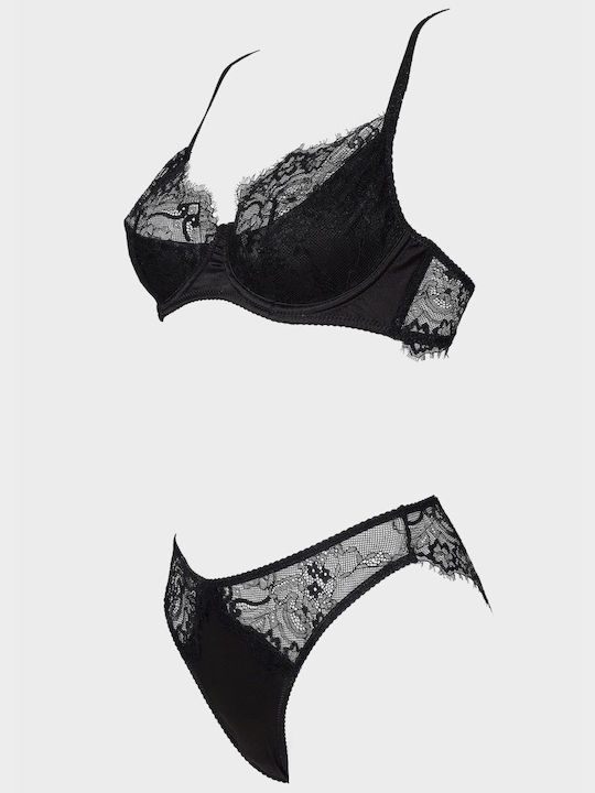 G Secret Lace Underwear Set with Bralette & Slip Black