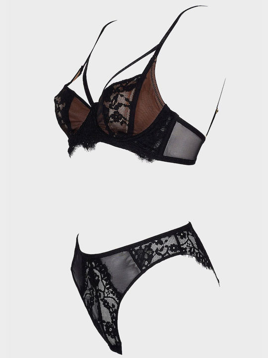 G Secret Lace Underwear Set with Bralette & Slip Black