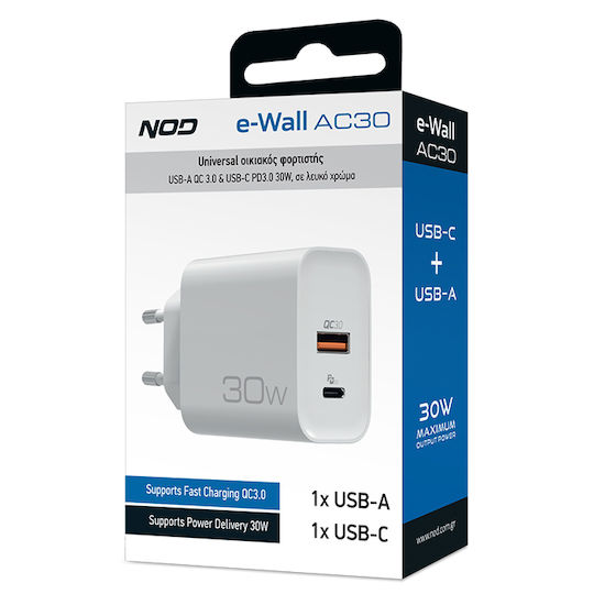 NOD Зарядно без кабел с USB-A порт и USB-C порт 30W Quick Charge 3.0 Бял (E-WALL AC30)