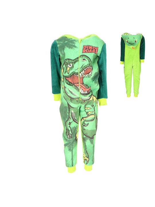 Kids Onesie Pyjamas Winter Fleece GREEN Dino Roar