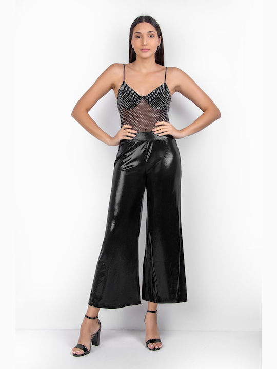 Fullah Sugah Damen Stoff Palazzo-Hose mit Gummizug Schwarz